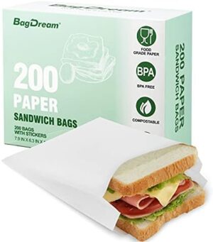 BagDream Paper Sandwich Bags 7.9x6.3x1.96 Inches 200ct Kitchens Paper Sandwich Sack Bags, Sealable with Thank You Stickers, White Glassine Paper Food Storage Bags Treat Bags