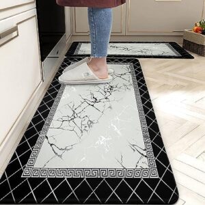 Black Marble Kitchen Rug Set of 2 Anti Fatigue Modern Abstract Non-Slip Kitchen Floor Mats 0.4 Inch Comfort Standing Waterproof Mats for Kitchen Sink Laundry 17.3 x 28 inch+17.3 x 47 inch