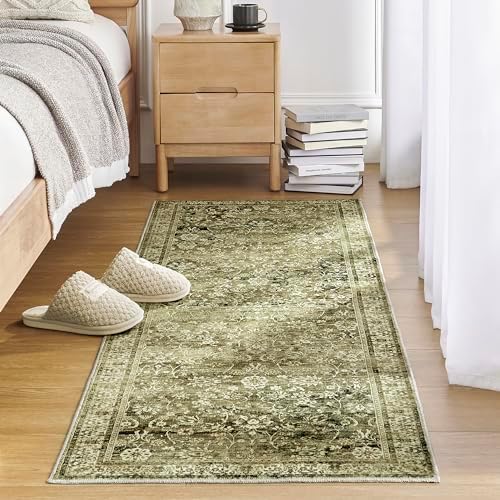 Boho Washable Runner Rug for Kitchen,Non Slip Rubber Backing Non Skid Oriental Floral Vintage Long Carpet Runners for Hallway Entryway Indoor Doormat Bedroom,2x6 6ft,Moss Olive Green Beige