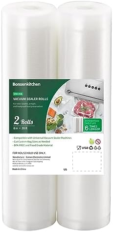 Bonsenkitchen Vacuum Food Sealer Rolls Bags, 2 Packs 8 in x 20 ft, BPA Free, Durable Commercial Customized Size Bags for Storage and Sous Vide Cooking