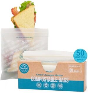 Certified Compostable Bags for Food Storage - Resealable Leak-Proof Sandwich Size Bags - Heavy-Duty Plant-Based Zip Bag - Fridge & Freezer Bags with Zip Seals - Biodegradable Sandwich Bags - 50 Pack