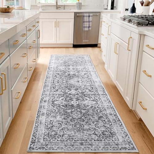 Coarir Washable Rug Runner, 2x6 Kitchen Runner Rug for Hallways, Non-Slip Thickened Carpet for Kitchen Entryway Laundry Bedroom Living Room Indoor (2'×6', Light Gray)