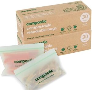 Compostic - Home Compostable Resealable Snack Bags (6"x 3.5") - Microwave & Freezer Safe - Organic Food Storage Bags - Reusable - Eco Friendly - Travel Essentials - 30 bags (2 Pack) | 60 Count