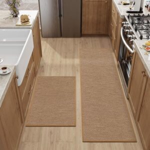 DEXI Kitchen Rugs and Mats Non Slip Washable, Absorbent Kitchen Mats, Woven Kitchen Runner Rug, Kitchen Floor Mats for Front of Sink, Laundry Room, Hallway, 17"x29"+17"x79", Brown