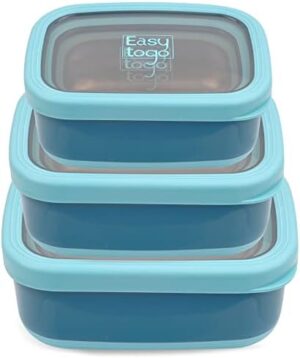 Easy Togo 3 Pack Stainless Steel Food Containers with Lids Anti-Slip Silicone Base, Bento Box for Meal Prep, Portion Control Kitchen Food Storage Container, Lunch Box Set Women, Blue Container Set