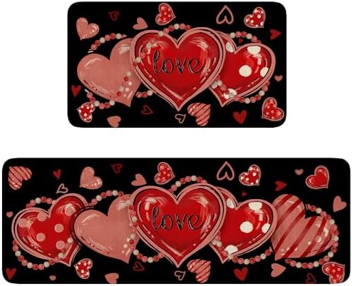 Eikunn Red Pink Love Heart Valentine's Day Kitchen Rugs Set of 2, Anniversary Wedding Kitchen Mat for Floor,Black Non-Slip Kitchen Sink Mats Kitchen Decor Doormat+Runner Rug