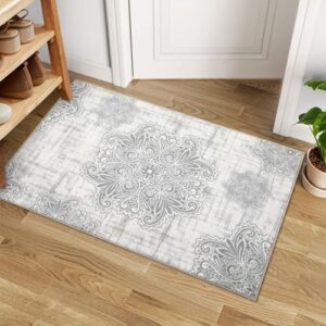 FairOnly Boho Area Rug 2x3 Washable Rugs Grey Doormat Soft Vintage Throw Mat Non-Slip Kitchen Rugs Floral Rug Low-Pile Rugs for Entryway Bedroom Bathroom Kitchen Door Mat Living Room Rug