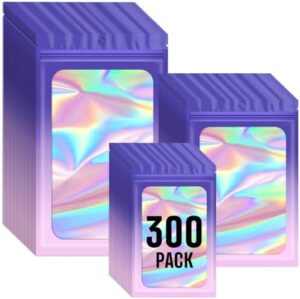 Funfery 300 Pack 3 Size Mylar Holographic Bags with Clear Window,Resealable Bags Smell Proof Bags Zipper Bags Packaging Pouch for Food Storage,Sample,Small Business(Purple Pink,3x4.7,4x6,4.7x7.9in)