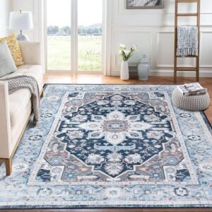 GAOMON Washable Boho Area Rug 4x6 Soft Oriental Vintage Rugs Non-Slip Backing Stain-Resistant Non-Shedding Rug for Bedroom Living Room Indoor Farmhouse Kitchen,4x6 Blue