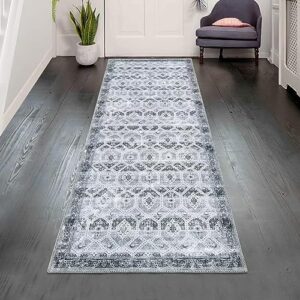 GARVEE Area Rug 2x6 Runner Rug, Vintage Rug Persian Rug Grey Hallway Runner Geometric Print Kitchen Throw Rugs Transitional Floorcover Mat Non Slip Oriental Rug for Laundry Bathroom Bedroom, Gray