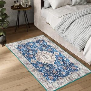 GlowSol 2x3 Area Rugs Washable Rugs Border Floral Rug Vintage Area Rug Non-Slip Indoor Door Mat, Small Distressed Accent Throw Rugs Floor Carpet for Kitchen Bedroom Entrance Bathroom,2x3