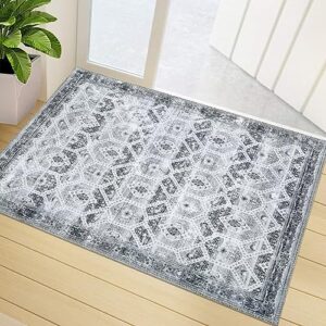 GlowSol Area Rug 2x3 Vintage Area Rug Oriental Distressed Small Entryway Rug Thin Rug Chenille Mat Foldable Accent Rug Non-Slip Throw Small Area Rug for Bathroom Kitchen Bedroom (Grey)