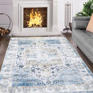 GlowSol Area Rug 4x6 Vintage Rug Blue Entryway Traditional Rug Boho Floor Cover Print Boho Rug Non Slip Rug Foldable Washable Accent Rug Floral Chic Carpet Living Room Bathroom Kitchen