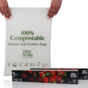 HOLY SCRAP! 100% Compostable Produce Freezer Bags 3 Gallon Size - 100 Pack - Freezer Safe Bag for Food Storage, Eco Friendly, Plant Based Recyling Kitchen Storage Bags - BPI Certified, OK Compost Home