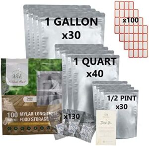 Habitual Heart Mylar Bags 100 Stand Up 9.5mil Thick 130 Oxygen Absorbers 300cc Airtight Food Storage for Emergency Food Supply Heat Sealable Zipper Resealable 1 Gallon Quart 1/2 Pint