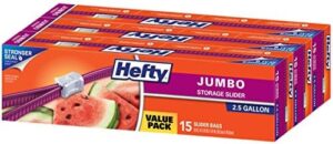 Hefty Slider Jumbo Storage Bags, 2.5 Gallon Size, 15 Count (Pack of 3), 45 Total