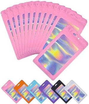 Holographic Bags Resealable Bags 300 PCS Pink Packaging Bags with Clear Window for Food Storage Small Business (Outer Size 3.54x6.29 Inch/Inner Size 3x5 Inch)