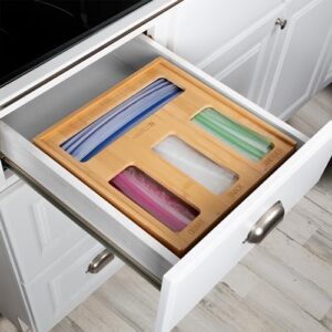 Honey Can Do Bamboo Plastic Bag Organizer for Kitchen Drawer | Gallon, Quart, Sandwich, Snack KCH-09859 Natural