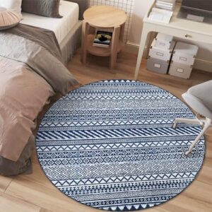 IMINROME Boho Geometric Washable Round Rug 3' Round Bohemian Area Rug Farmhouse Throw Carpet Small Indoor Non-Slip Low Pile Rug Mat for Living Room Bedroom Kitchen, Navy Blue 3' x 3' Round