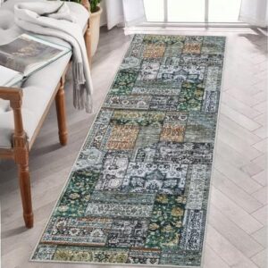 IMINROME Washable Runner Rug 2x6 Vintage Runners for Hallway Kitchen Non Slip Runner Rugs for Bedroom Laundry Foldable Thin Rug Traditional Patchwork Floor Carpet Indoor Decor Carpet Runners, Grey