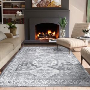 JOLENE.K Vintage Washable Area Rug for Living Room 3x5 Rug Non Slip Bedroom Oriental Indoor Rug Mat Stain Resistant Throw Rug Kitchen Dining Home Office, Grey