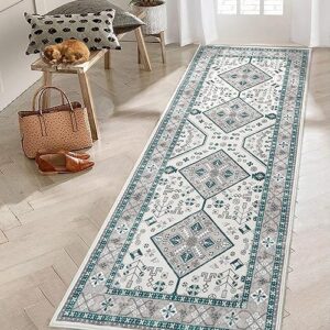 JOLENE.K Washable Rug Runner Rug for Hallway 2x6 Kitchen Rugs Oriental Soft Distressed Print Carpet Vintage Non-Slip Stain Resistant Low-Pile Throw Thin Bedroom Rugs for Nursery Home Office Blue/Beige