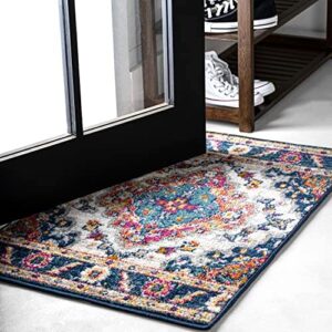 JONATHAN Y BMF106A-23 Bohemian Flair Boho Vintage Medallion Indoor Area -Rug, Medallion Floral, Easy -Cleaning, Bedroom, Dining Room, Kitchen, Living Room, Non Shedding, Blue/Multi, 2 X 3