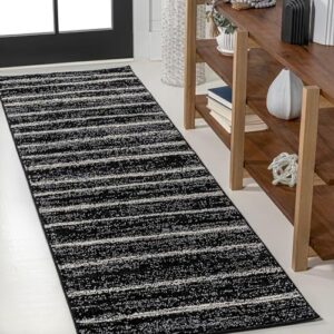 JONATHAN Y MOH201F-28 Williamsburg Minimalist Stripe Runner Rug, Contemporary, Modern, Bohemian, Scandinavian, Rustic for Living Room, Dining Room, Bedroom, Kitchen, Black/Cream, 2 X 8