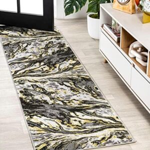 JONATHAN Y SOR203D-28 Swirl Marbled Abstract Indoor Runner-Rug, Casual, Contemporary, Transitional Easy-Cleaning,Bedroom,Kitchen,Living Room,Non Shedding, Black/Yellow, 2 X 8