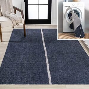 JONATHAN Y WSH117A-3 Linja Solid Centre Stripe Machine-Washable Indoor Area -Rug, Farmhouse Bohemian Vintage Easy -Cleaning,Bedroom,Kitchen,Living Room,Non Shedding, Navy/Gray, 3 X 5