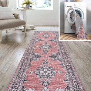 JONATHAN Y WSH201B-28 Bausch Bohemian Distressed Chenille Machine-Washable Runner Rug, Classic, Mediterranean, Rustic for Living Room, Dining Room, Bedroom, Kitchen, Dark Pink/Black/White, 2 X 8