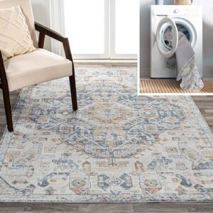 JONATHAN Y WSH320C-3 Shaemus Bohemian Medallion Low-Pile Machine-Washable Area Rug, Bohemian, Classic, Coastal, Traditional for Living Room, Dining Room, Bedroom, Kitchen, Cream/Blue/Terra, 3 X 5