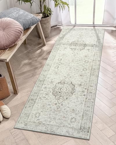 LIVEBOX Washable Runner Rug 2x6 - Boho Kitchen Rug Runner Long Entryway Rug, Low-Pile Vintage Rug for Bedroom, Non-Slip Soft Carpet Throw Rug for Bathroom Laundry Room Hallway, Taupe