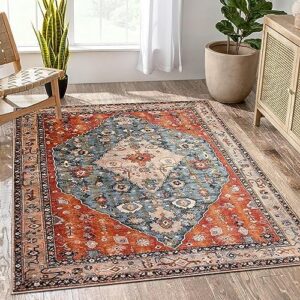 Lahome Boho Tribal Area Rug - 5x7 Large Washable Living Bedroom Rug Distressed Oriental Non-Slip Non-Shedding Print Floor Carpet for Dining Room Home,Rust/Dull Teal