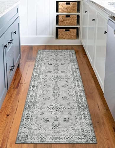 Lahome Boho Washable Runner Rug - 2'6"x8' Grey Carpet Runner for Hallway with Rubber Backing, Floral Printed Non Skid Long Indoor Mat for Bedroom Kitchen Laundry Entryway Bathroom RV