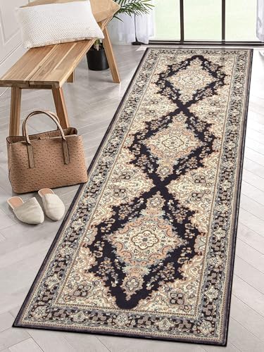 Lahome Runner Rugs for Hallway 2'6"x8', Kitchen Runner Rugs Non Skid Washable, Oriental Non Shedding Low Pile Printed Indoor Throw Carpet Runner for Bathroom Entryway Laundry, Black/Tan