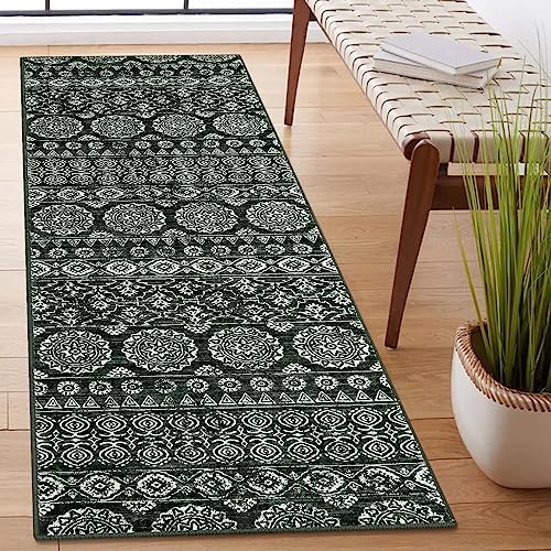 Lanffia Vintage Runner Rug 2x5 Non Slip Distressed Kitchen Rug Runner Washable Hallway Runner Rug Boho Floor Carpet Runner for Entryway Laundry Room Bathroom Staircase Foyer, Black/Dark Grey