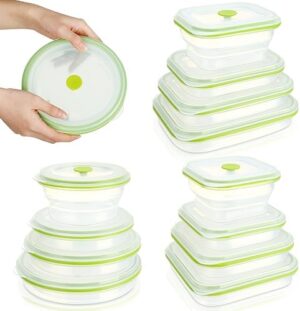 Layhit 12 Pcs Gift for Christmas Silicone Collapsible Food Storage Containers Silicone Lids Stacking Airtight Collapsible Bowls, Stackable Box, Oven Microwave Freezer Dishwasher Safe(Green)