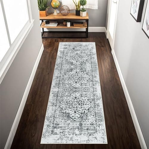 Lukinbox Oriental Medallion Kitchen Runner Rugs, 2x6 Vintage Washable Runner Rugs for Hallway, Non-Slip Low Pile Distressed Accent Kitchen Rug Carpet Runner for Bathroom Bedroom Entryway (Black)