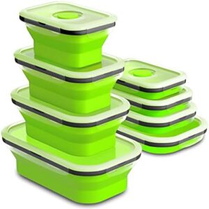 M-G Set of 4 Collapsible Foldable Silicone Food Storage Container With BPA Free, Leftover Meal Box With Airtight Plastic Lids For Kitchen (Green)