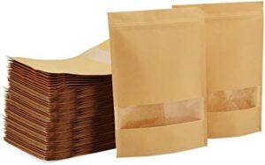 MOUYAT 200 PCS 7 x 10 Inches Kraft Stand Up Pouches, Kraft Paper Bags with Window, Heat-Sealable Zip Lock Food Storage Bags for Kitchen, Business, Retail