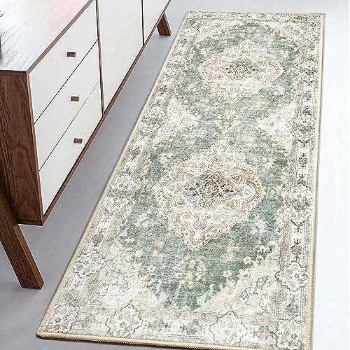 MUJOO Hallway Runner Rug Machine Washable Runner Rug Non Slip Boho Green Runner Rug for Hallways Entryway Kitchen Bathroom Bedside Retro Soft Low-Pile 2'x6' Blossom