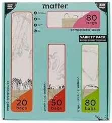 Matter Compostable Kitchen Assorted Resealable Food Storage Bags Variety Pack 230 Count - 80 Snack Bags - 80 Sandwich Bags - 50 Quart Bags - 20 Gallon Bags