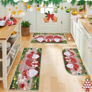 Merry Christmas Kitchen Mat Set of 3, Non Slip Xmas Winter Holiday Kitchen Floor Rugs, Comfort Carpet for Hallway Entryway Door Laundry Christmas Holiday Decor 18x30+18x30DShape+20x40B