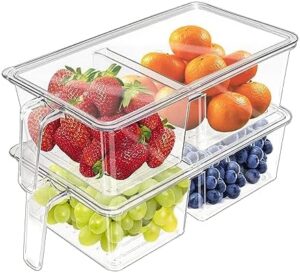 MineSign 2Pack Food Storage Container with Handles 2 Compartments Storage Bins with Lid Plastic Fridge Organizer for Fruit&Vegetable Produce Storage Saver for Refrigerator,Pantry,Kitchen Organization