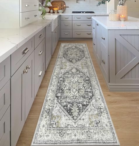 Moespace Washable Area Rug 2.5x8 ft, Kitchen Runner Rug Vintage Long Entryway Rug Runner, Print Distressed Doormat Carpet Non-Slip Retro Throw Rug for Hallway Bathroom Laundry Room, Grey