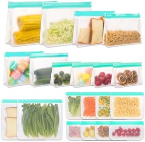 Moretoes 20 Pack Reusable Freezer Food Storage Bags, Silicone Bags Reusable Storage, Quart Freezer Bags for Lunch Marinate Food Travel (Green, 6 Sizes, Stand Up & Lay Flat)