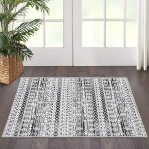 Moroccan Geometric Area Rug 2x3 - Machine Washable, Easy-Cleaning, Non-Shedding, Stain Resistant, Non-Slip, Foldable Indoor Mat for Living Room, Bedroom, Kitchen, Entryway, Bathroom, Grey