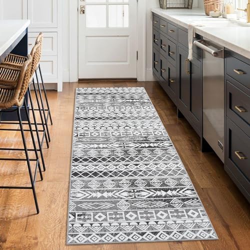 Moroccan Geometric Runner Rug 2x6 - Machine Washable, Easy-Cleaning, Non-Shedding, Stain Resistant, Non-Slip, Foldable Indoor Mat for Living Room, Bedroom, Kitchen, Entryway, Bathroom, Grey