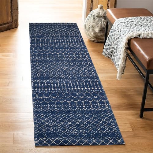 Moroccan Runner Rug 9ft Long Kithchen Runners Non Slip Vintage Hallway Runner Rug, Washable Small Kitchen Area Rug Laundry Room Rug Carpet for Entryway Bedroom Bathroom (2.3'x8.9', Dark Blue)